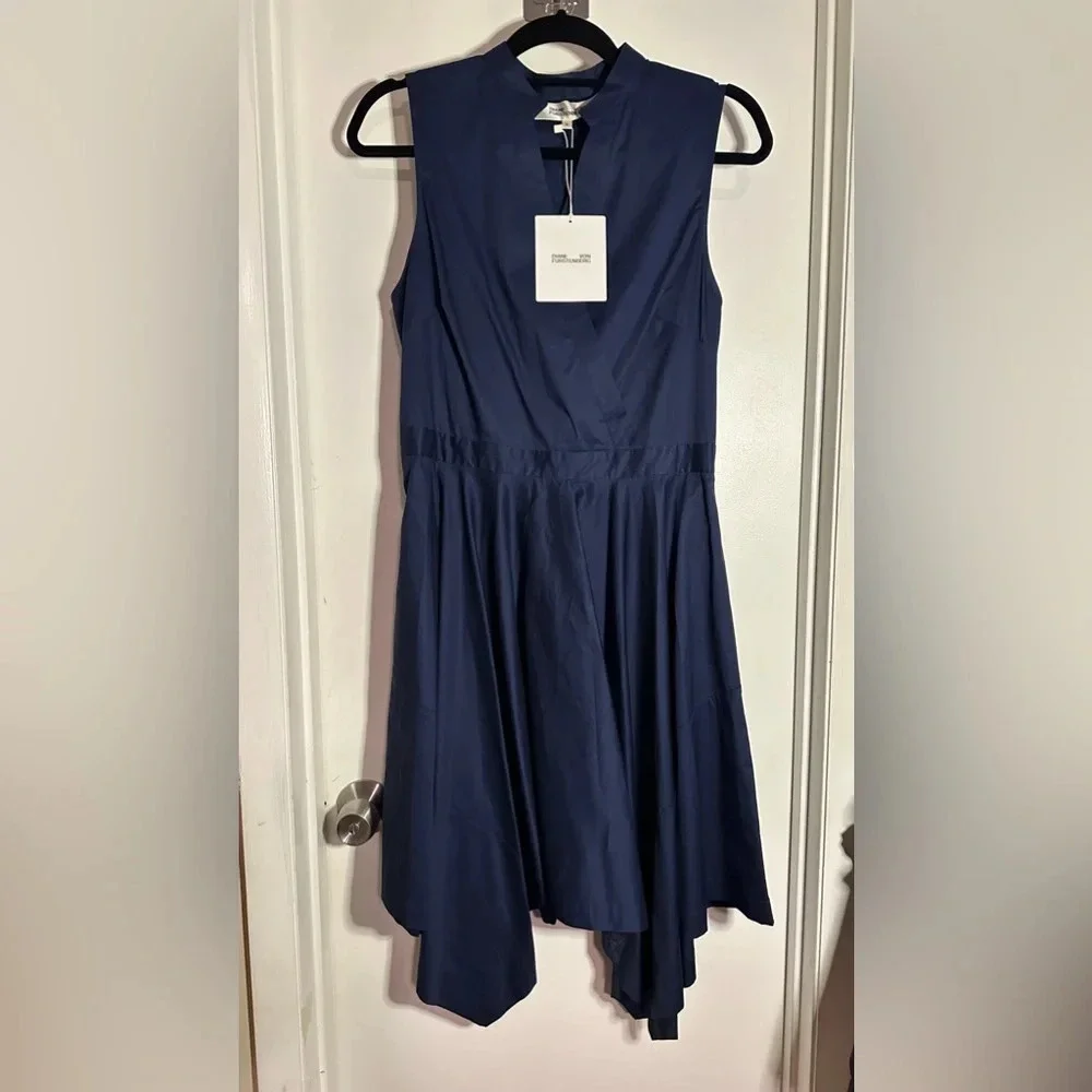 NWT Diane Von Furstenberg DVF Marlene Cotton Poplin Asymmetric Hem Dress Navy M - Picture 4 of 11